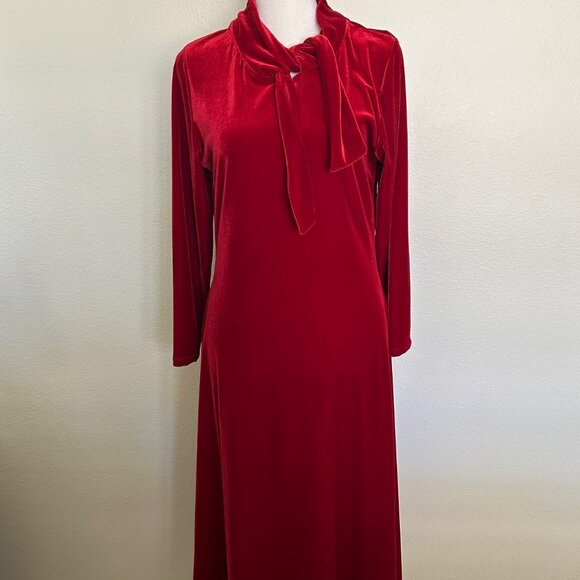 Maxi Dress Red Velvet Tie Mock Neck Long Sleeve Elegant Formal Fairy Holiday - Picture 2 of 12